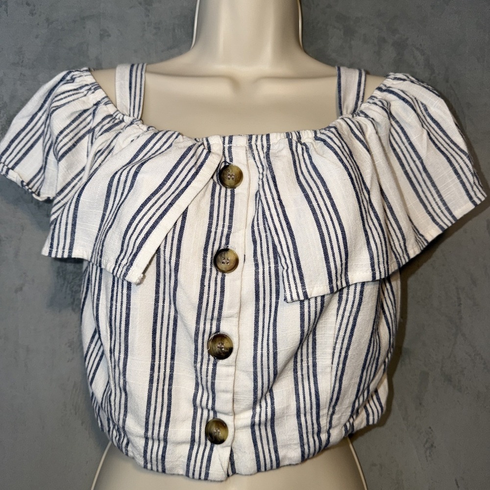 Charlotte Russe Stripe Off Shoulder Crop Top Women's M Blue White Linen Blend